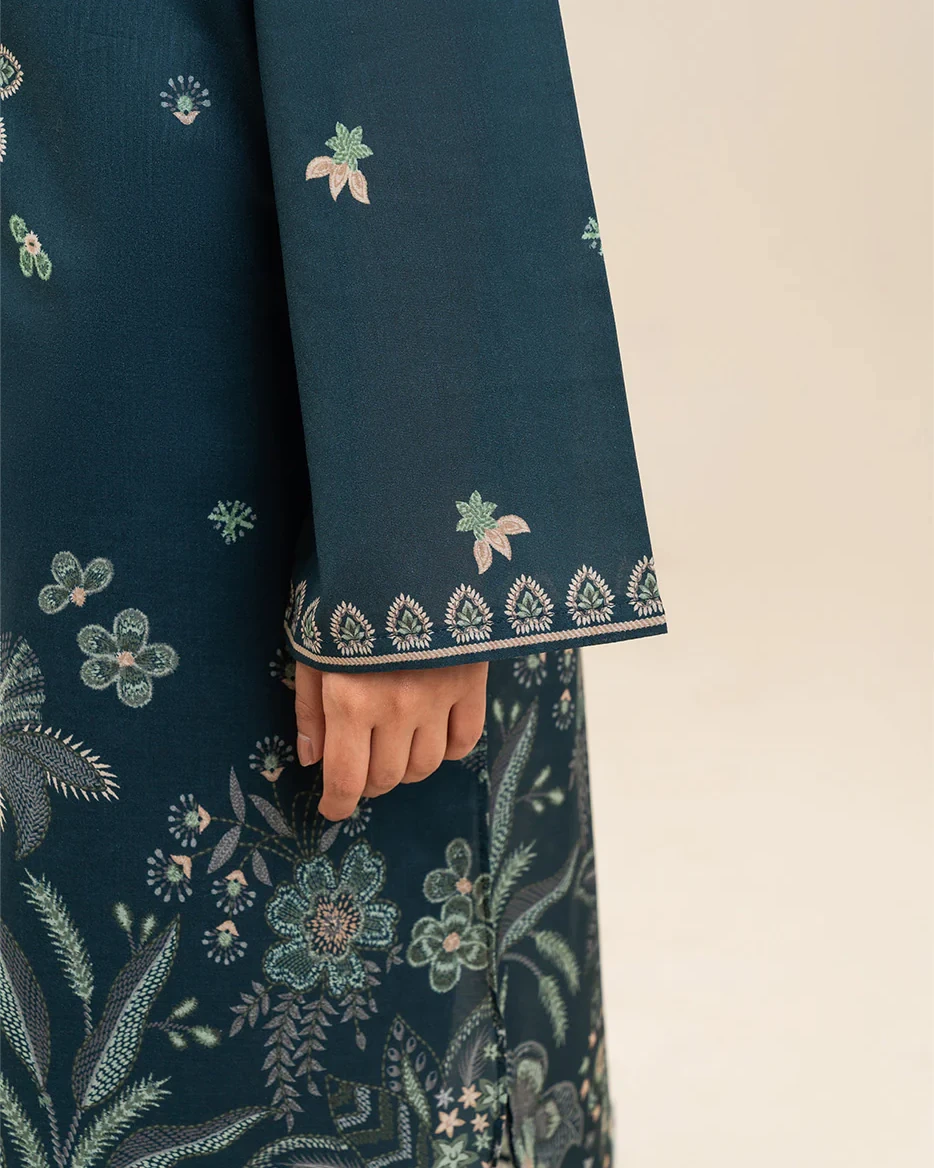 Beechtree 3 piece Unstitched Printed Lawn suit- Forest Green