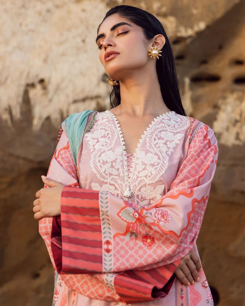 Sadaf Fawad Khan 3 piece Unstitched Printed Lawn suit-Pink