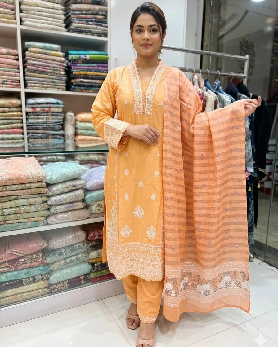 Samaira Peach Blossom Cotton Embroidery 3-Piece Suit
