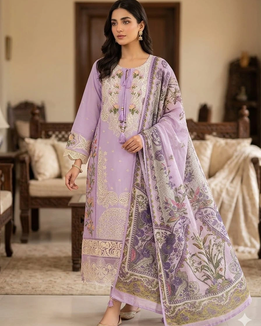 Kavya Soft Lilac Chikankari Cotton 3-Piece Suit