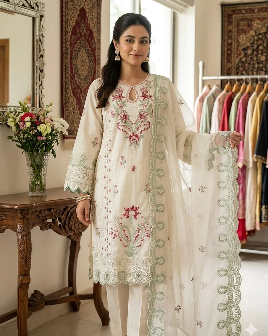 Ira Ivory Chikankari Cotton 3-Piece Suit