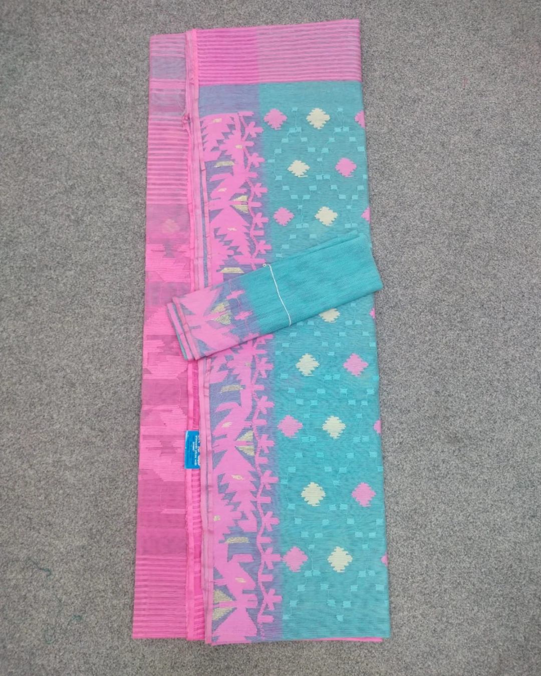 Aqua Blue and Candy Pink Handloom Ransom Silk Jamdani Saree