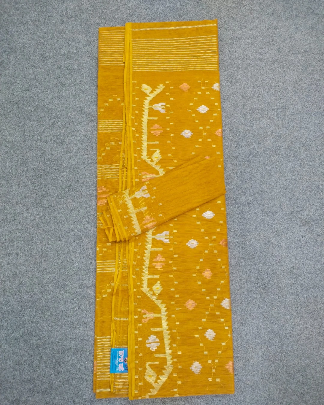Golden Yellow Geometric Handloom Ransom Silk Jamdani Saree