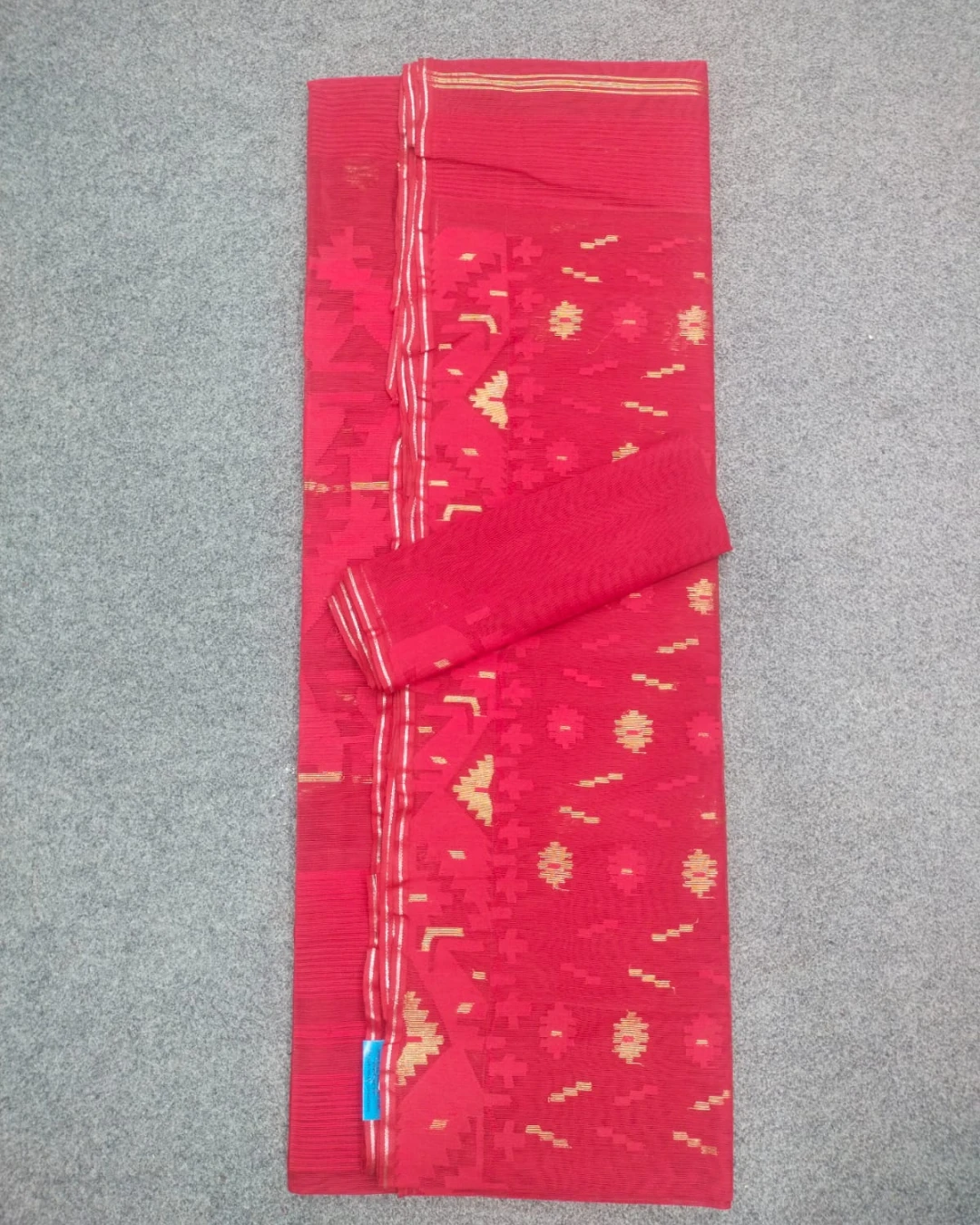 Crimson Red Floral Motif Handloom Ransom Silk Jamdani Saree