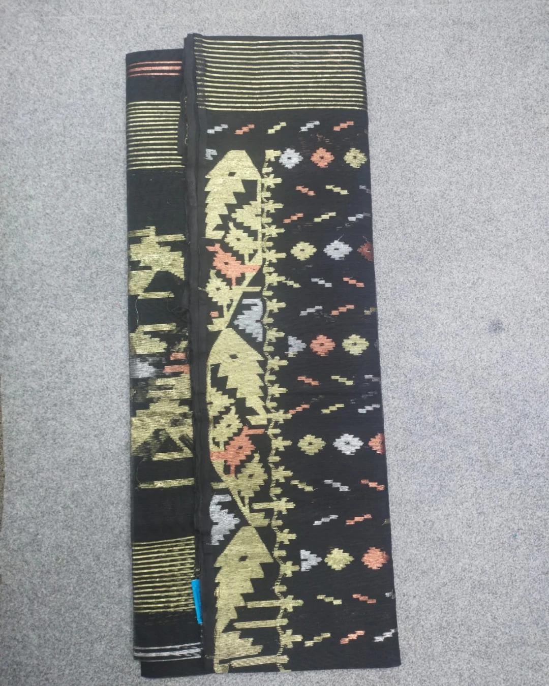 Jet Black Geometric Handloom Ransom Silk Jamdani Saree