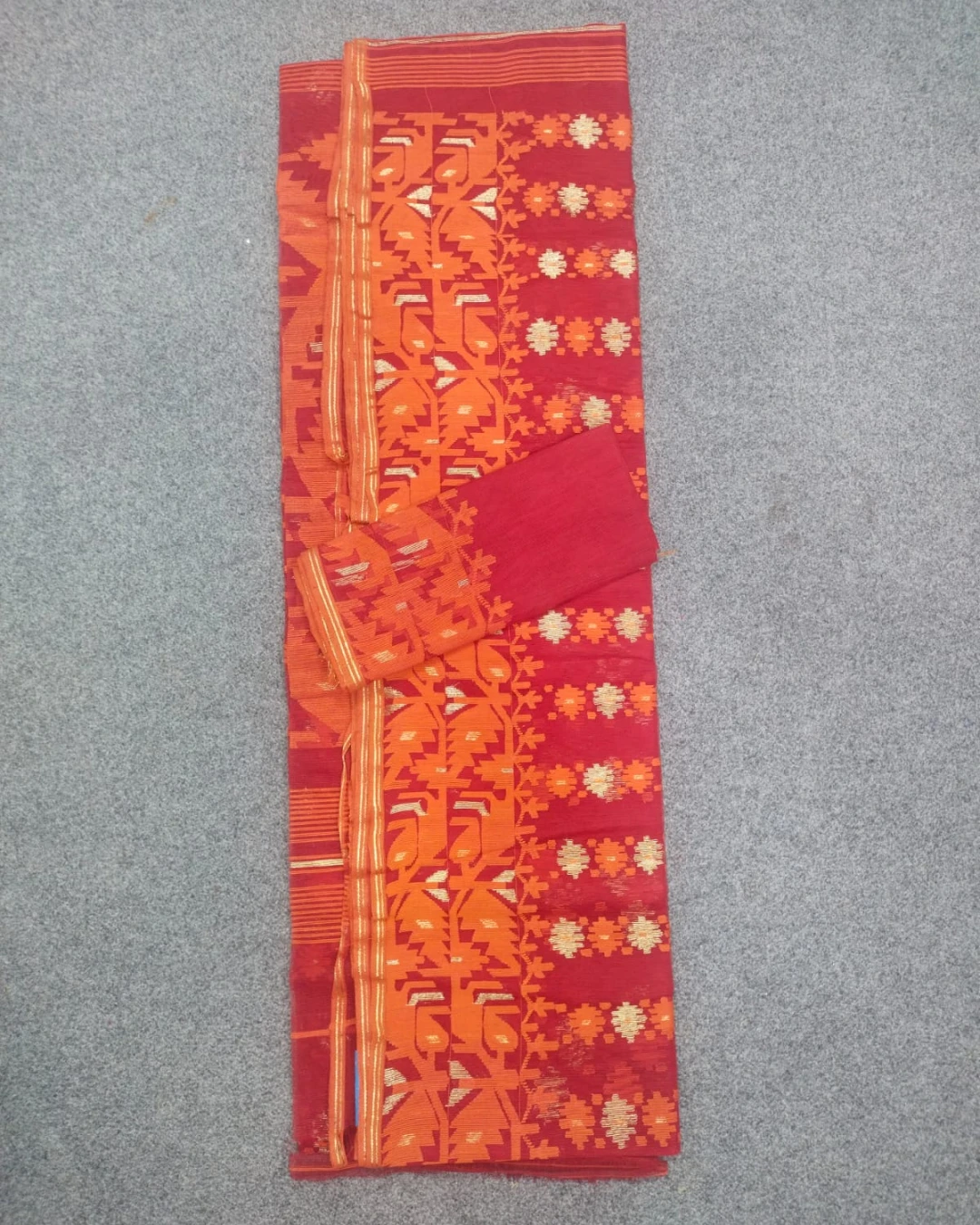 Bright Red and Tangerine Orange Handloom Ransom Silk Jamdani Saree