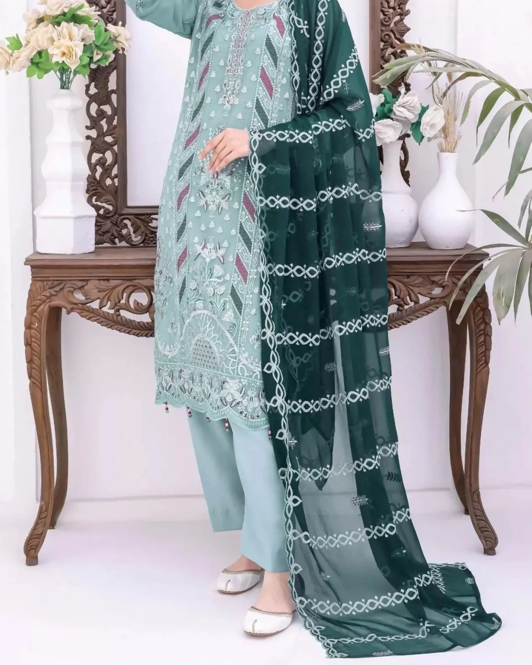 Pakistani Bin Hameed Horain Embroidered Unstitched Chiffon Three Piece - Cascade