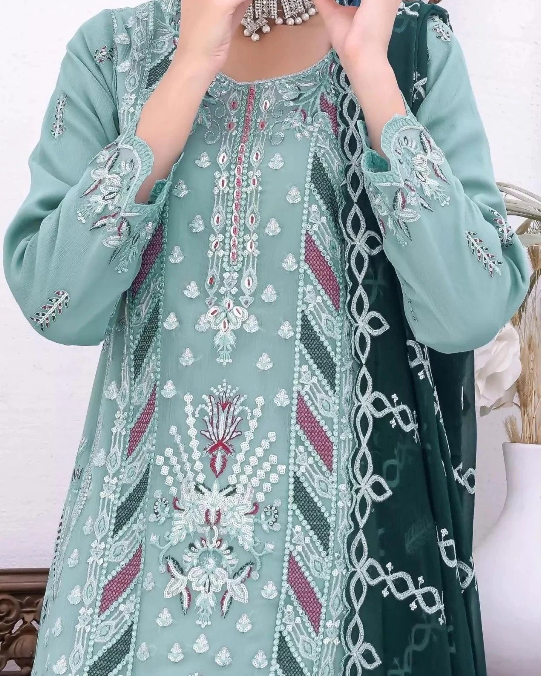 Pakistani Bin Hameed Horain Embroidered Unstitched Chiffon Three Piece - Cascade