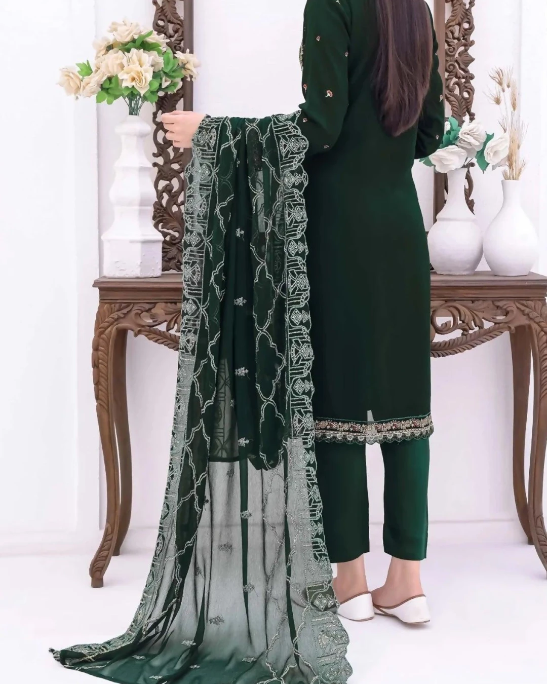 Pakistani Bin Hameed Horain Embroidered Unstitched Chiffon Three Piece - Green