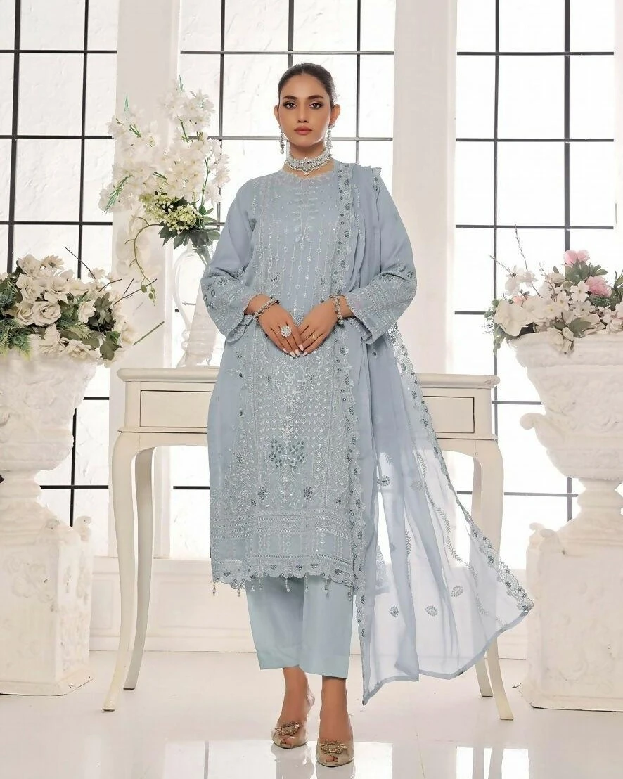 Pakistani Bin Hameed Horain Luxury Embroidered Unstitched Chiffon Three Piece - Cascade