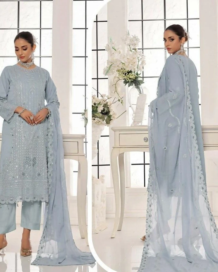 Pakistani Bin Hameed Horain Luxury Embroidered Unstitched Chiffon Three Piece - Cascade