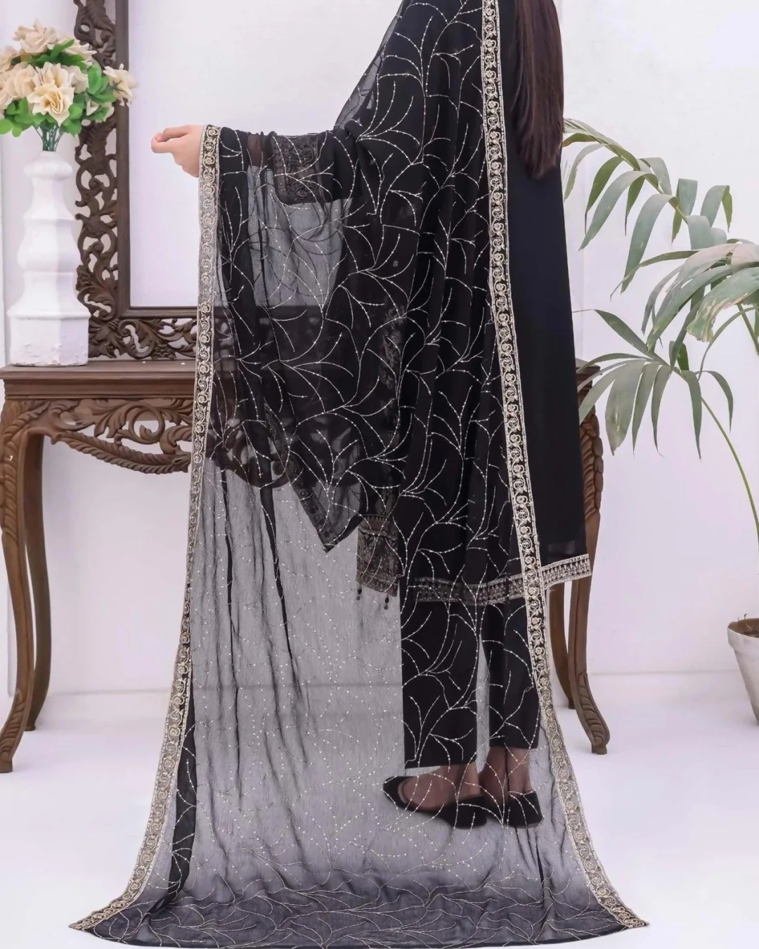 Pakistani Bin Hameed Embroidered Unstitched Chiffon Three Piece - Black