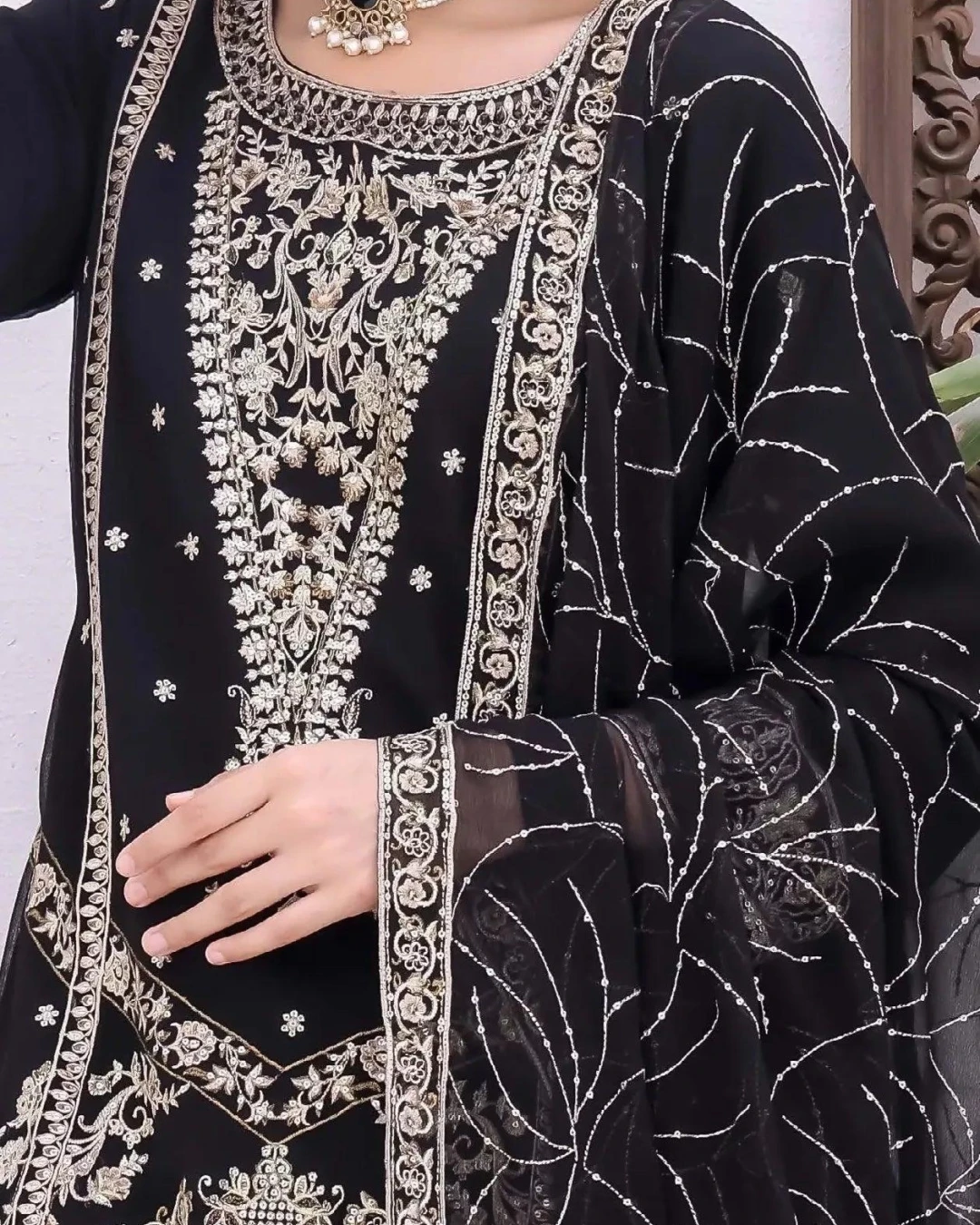Pakistani Bin Hameed Embroidered Unstitched Chiffon Three Piece - Black