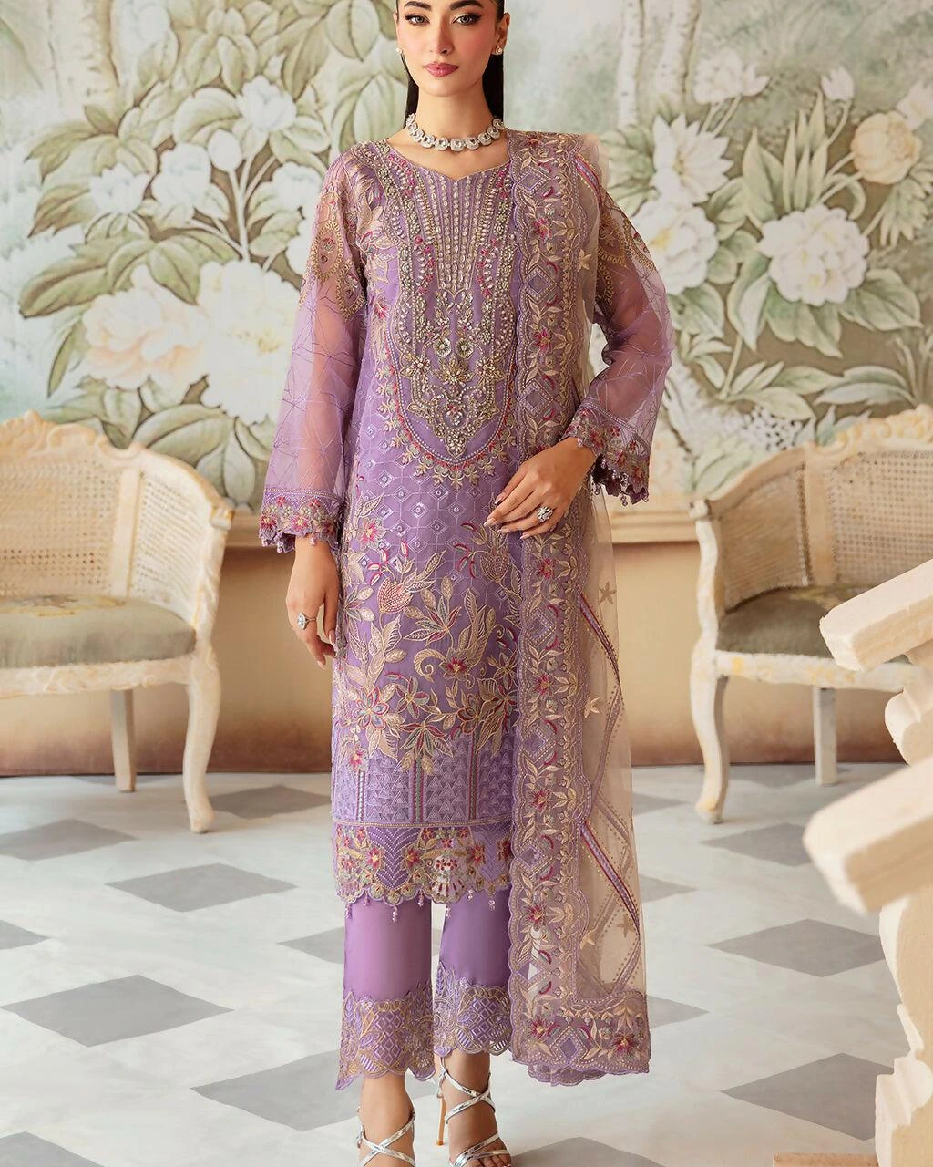 Pakistani Minhal by Ramsha Embroidered Unstitched Organza Three Piece - Purple