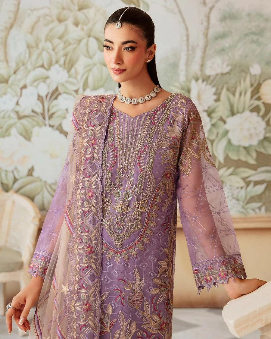 Pakistani Minhal by Ramsha Embroidered Unstitched Organza Three Piece - Purple