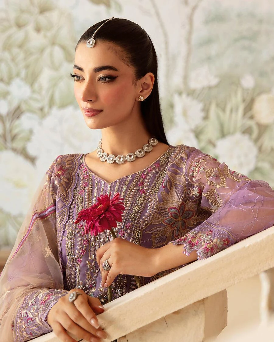 Pakistani Minhal by Ramsha Embroidered Unstitched Organza Three Piece - Purple