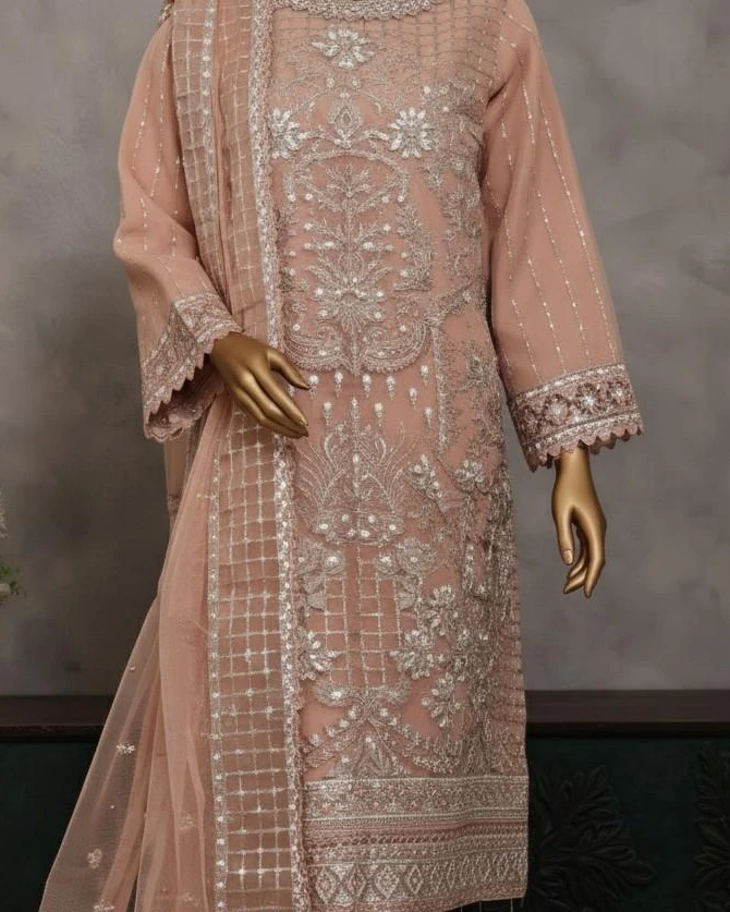 Pakistani Lavish Karchupi Worked Unstitched Organza Three Piece - Sandrift