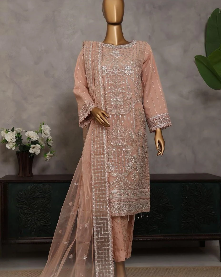 Pakistani Lavish Karchupi Worked Unstitched Organza Three Piece - Sandrift