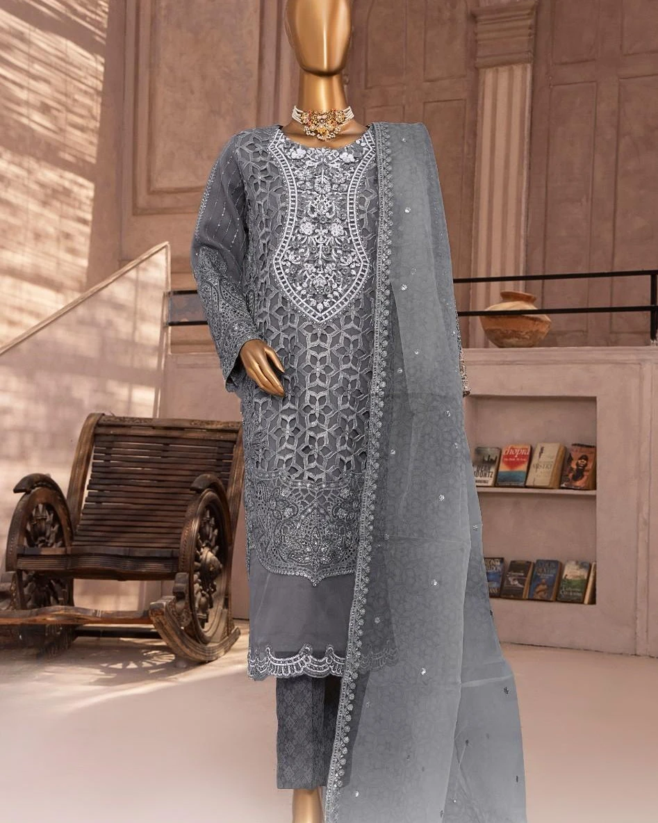 Pakistani Lavish Karchupi Worked Unstitched Organza Three Piece - Flint