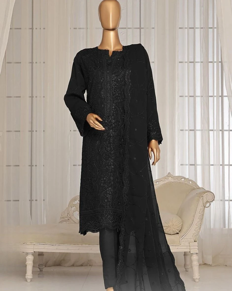 Pakistani Lavish Karchupi Worked Unstitched Chiffon Three Piece - Dark