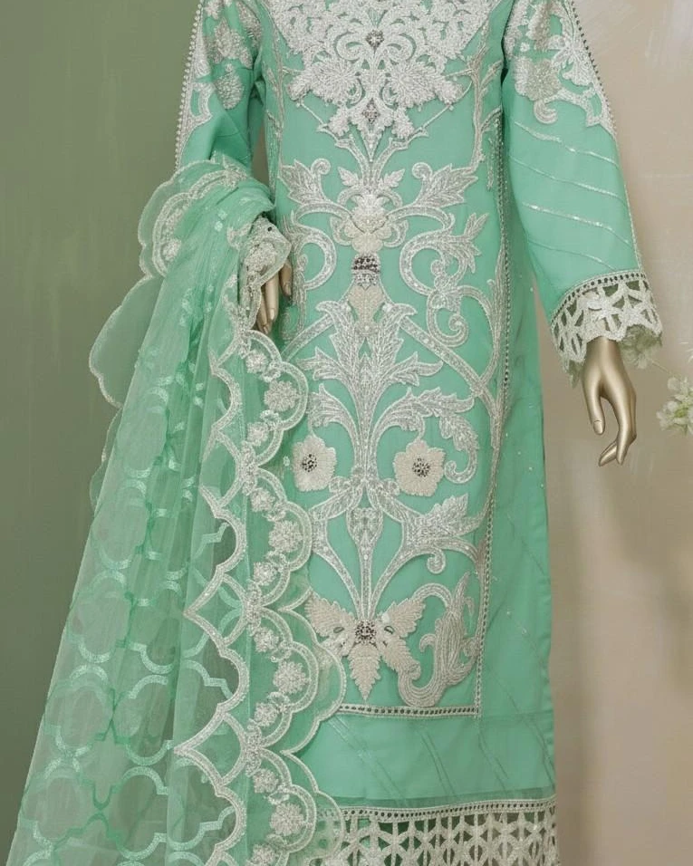 Pakistani Lavish Karchupi Worked Unstitched Organza Three Piece - Neptune