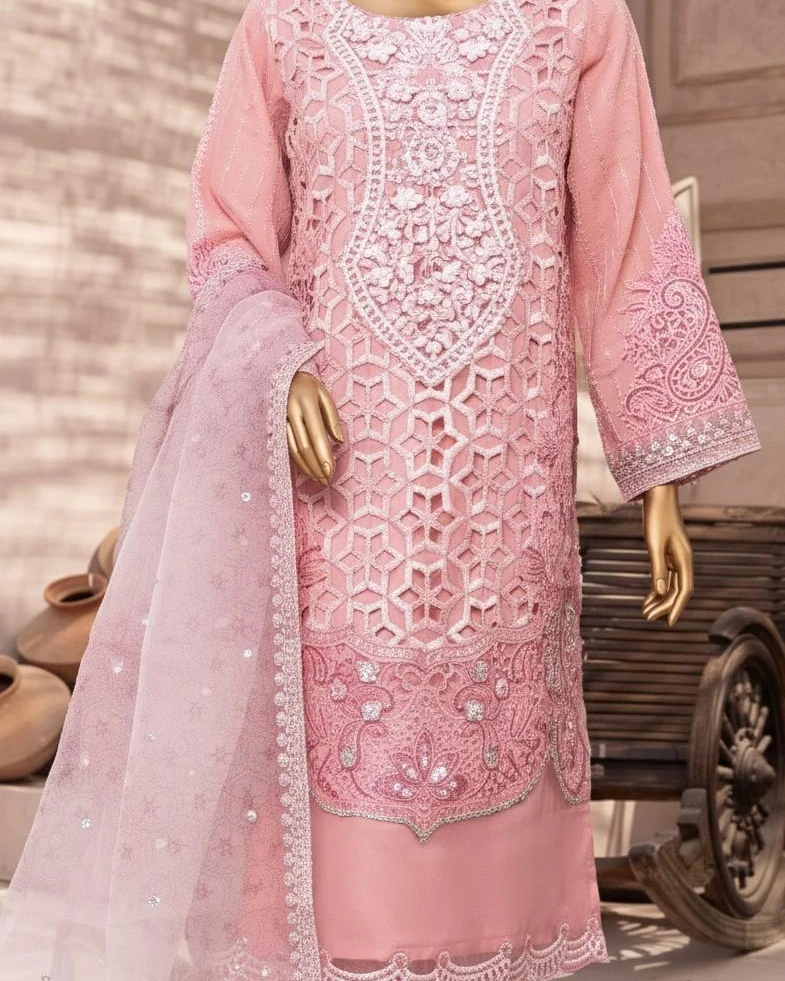 Pakistani Lavish Karchupi Worked Unstitched Organza Three Piece - Blush
