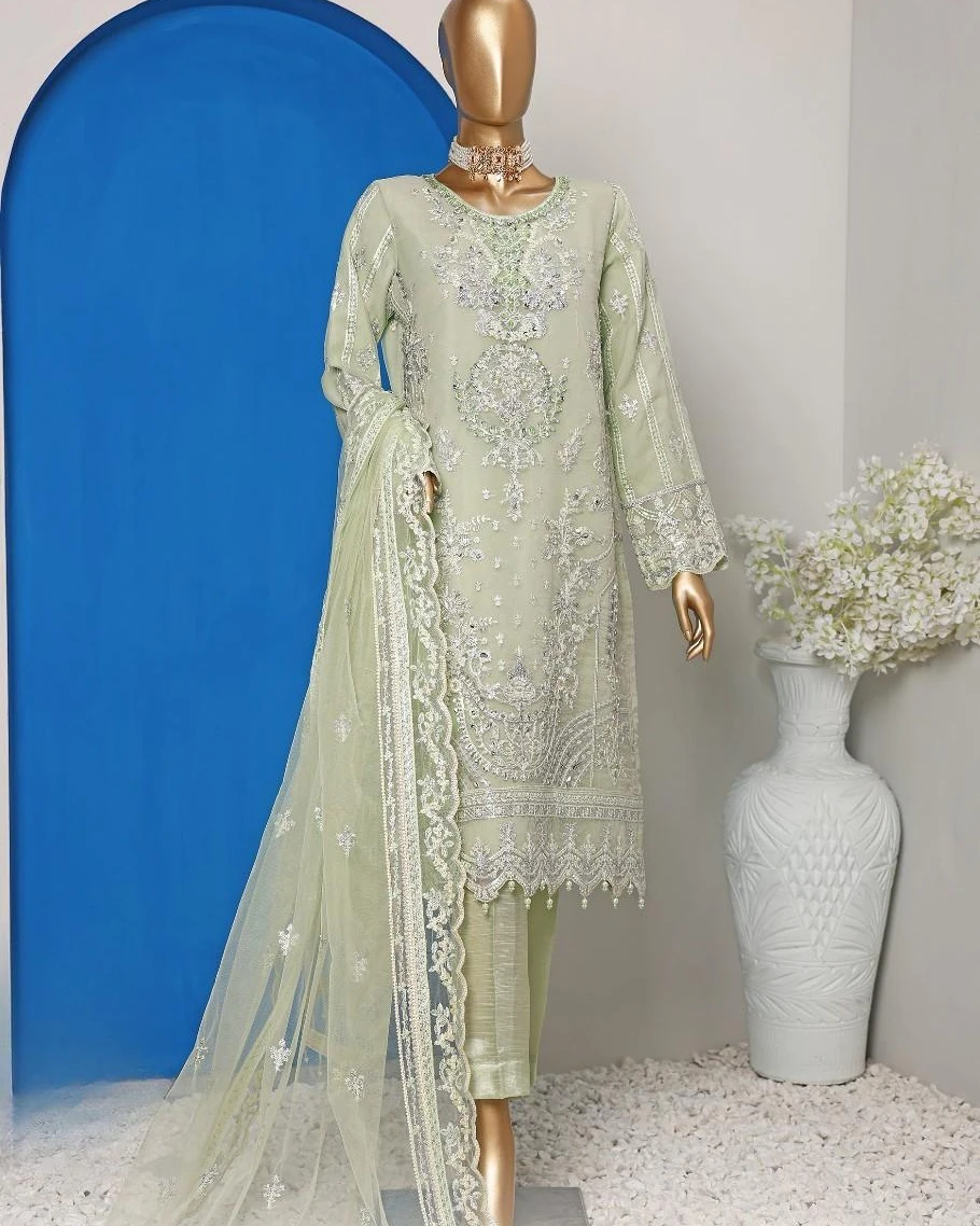 Pakistani Lavish Karchupi Worked Unstitched Organza Three Piece - Sage