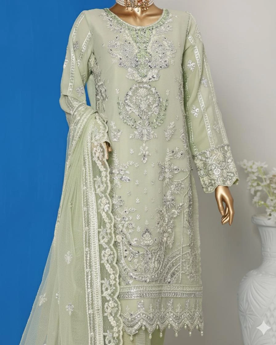 Pakistani Lavish Karchupi Worked Unstitched Organza Three Piece - Sage