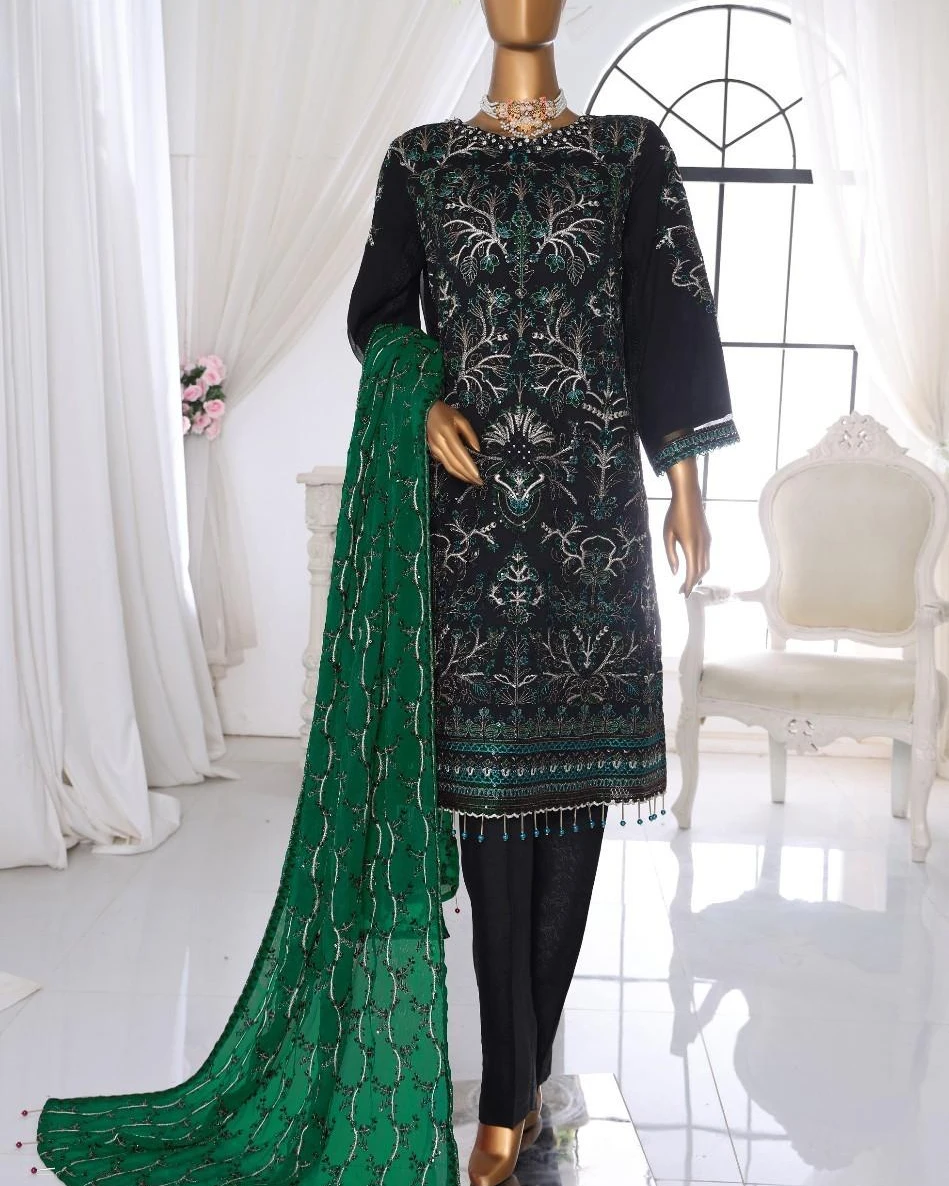 Pakistani Lavish Karchupi Worked Unstitched Chiffon Three Piece - Como
