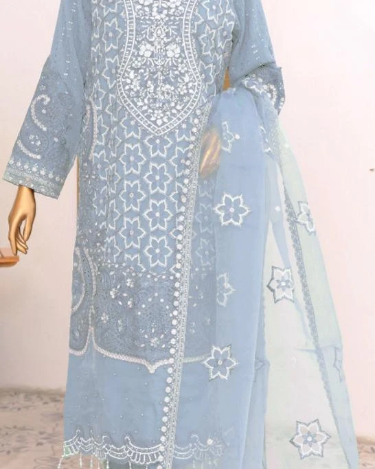 Pakistani Lavish Karchupi Worked Unstitched Organza Three Piece - Rock Blue