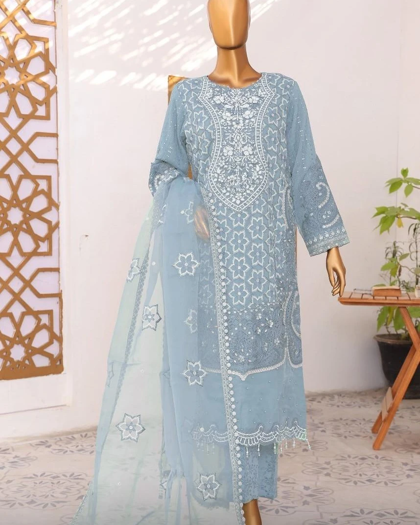 Pakistani Lavish Karchupi Worked Unstitched Organza Three Piece - Rock Blue