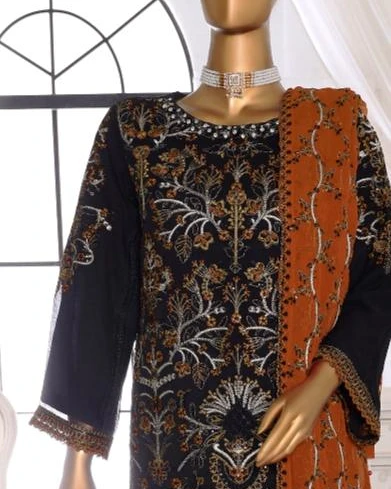 Pakistani Ankahi Karchupi Worked Unstitched Chiffon Three Piece - Onyx