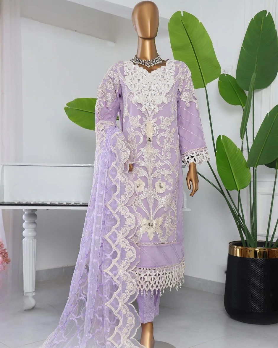 Pakistani Lavish Karchupi Worked Unstitched Organza Three Piece - Lavender