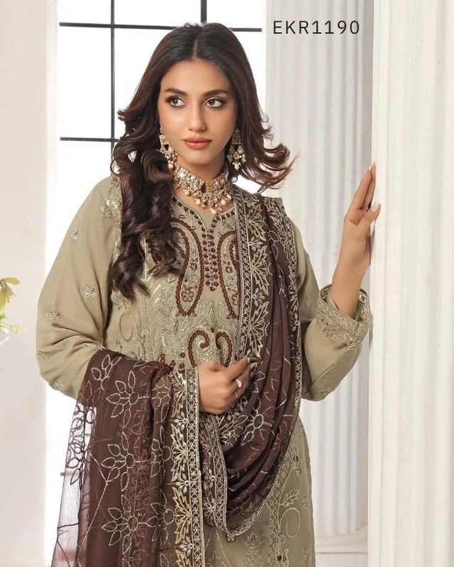 Pakistani Bin Hameed Embroidered Unstitched Chiffon Three Piece - Mushroom