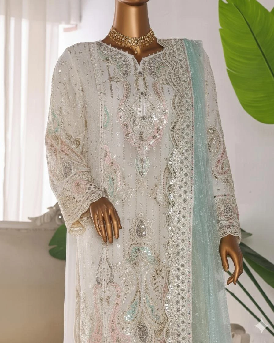 Pakistani Lavish Heavy Worked Unstitched Chiffon Three Piece - Pink Swan