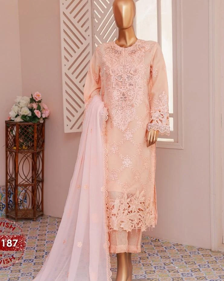 Pakistani Lavish Heavy Worked Unstitched Organza Three Piece - Rose Fog