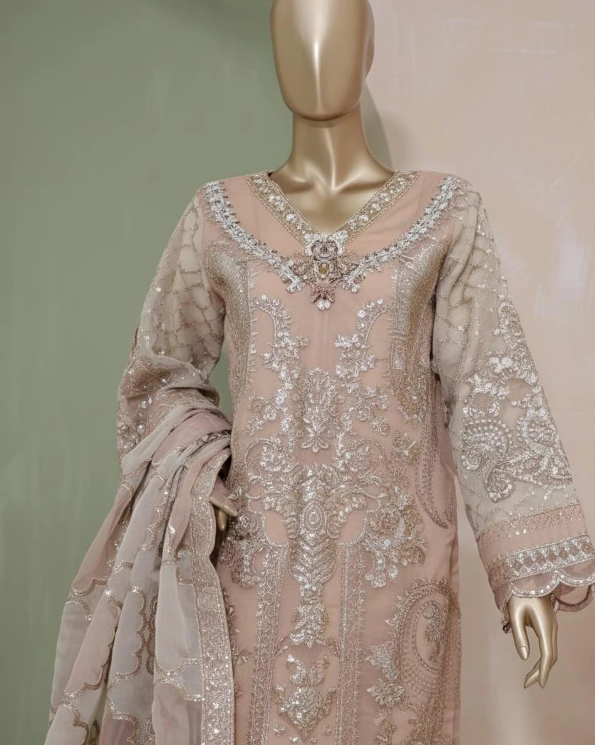 Pakistani Lavish Heavy Worked Unstitched Chiffon Three Piece - Brandy Rose