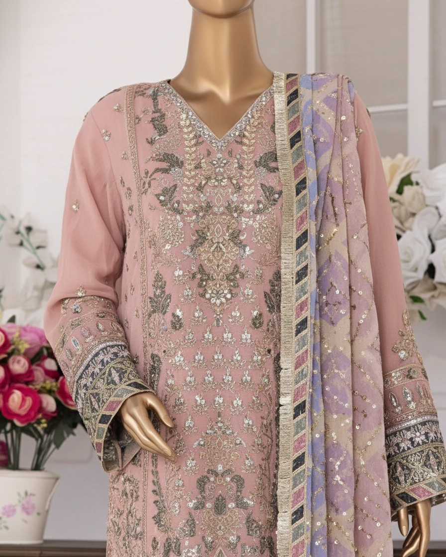 Pakistani Lavish Heavy Embroidered Unstitched Chiffon Three Piece - Petite Orchid