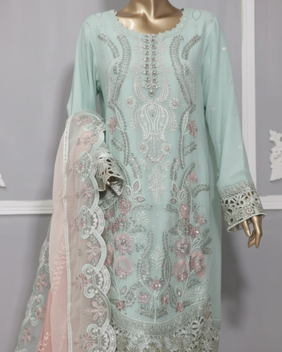 Pakistani Lavish Heavy Embroidered Unstitched Chiffon Three Piece - Opal