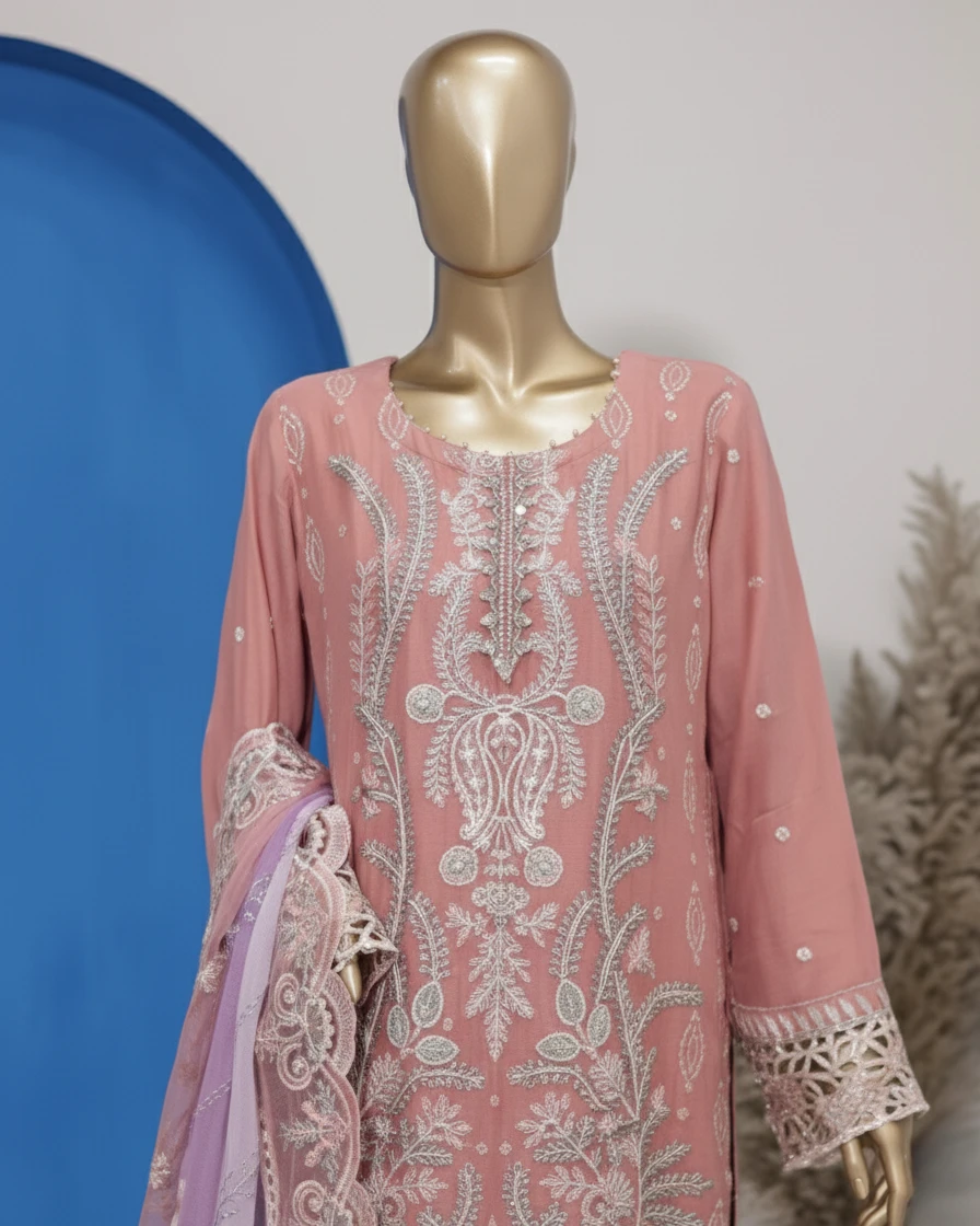 Pakistani Lavish Heavy Embroidered Unstitched Chiffon Three Piece - Old Rose