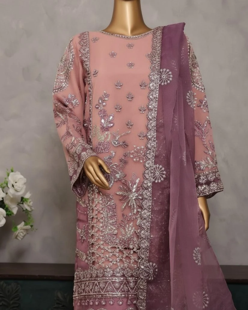 Pakistani Lavish Heavy Embroidered Unstitched Organza Three Piece - Oriental Pink