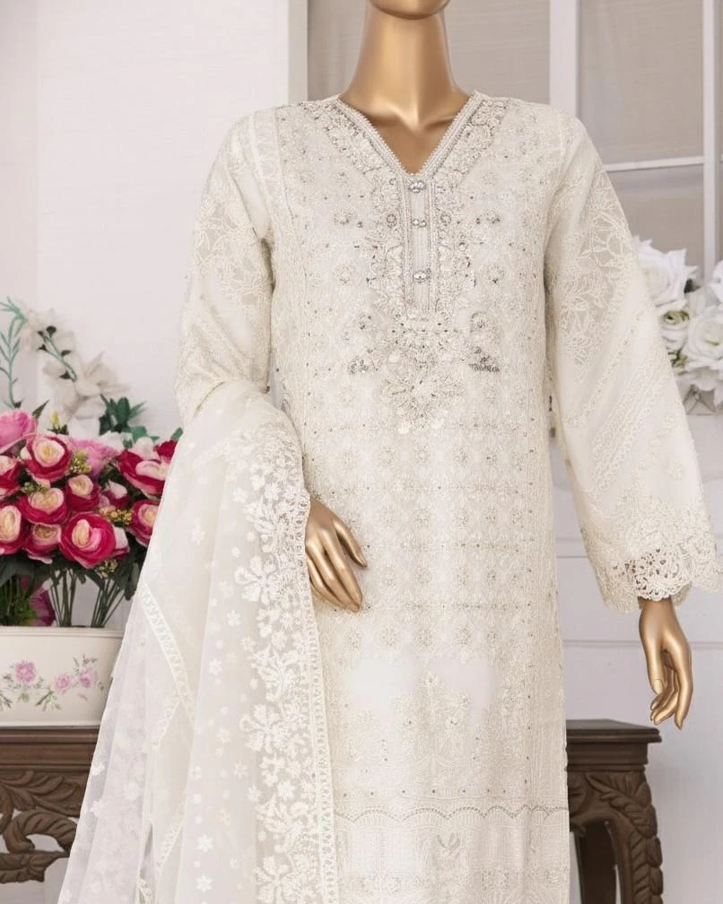 Pakistani Lavish Heavy Embroidered Unstitched Chiffon Three Piece - Vanilla