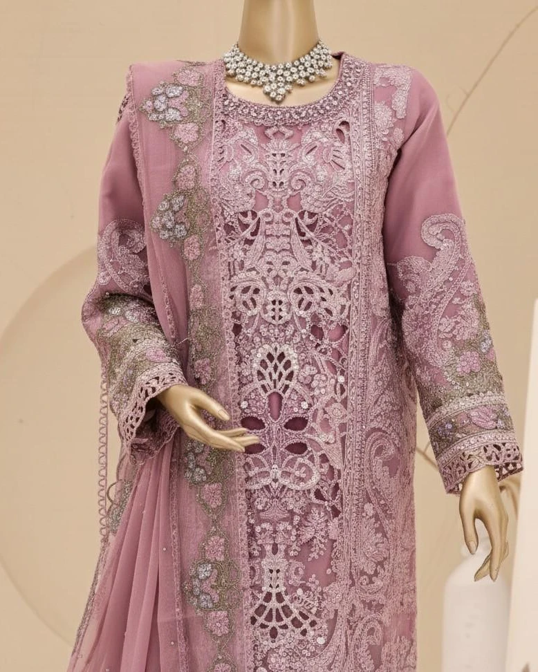 Pakistani Lavish Heavy Embroidered Unstitched Organza Three Piece - Turkish Rose