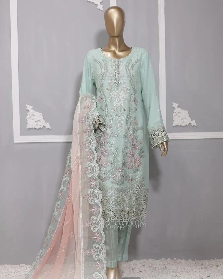 Pakistani Lavish Heavy Embroidered Unstitched Chiffon Three Piece - Gum Leaf