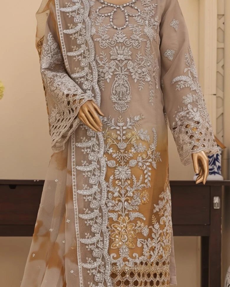 Pakistani Lavish Heavy Stone Embroidered Unstitched Organza Three Piece - Beaver