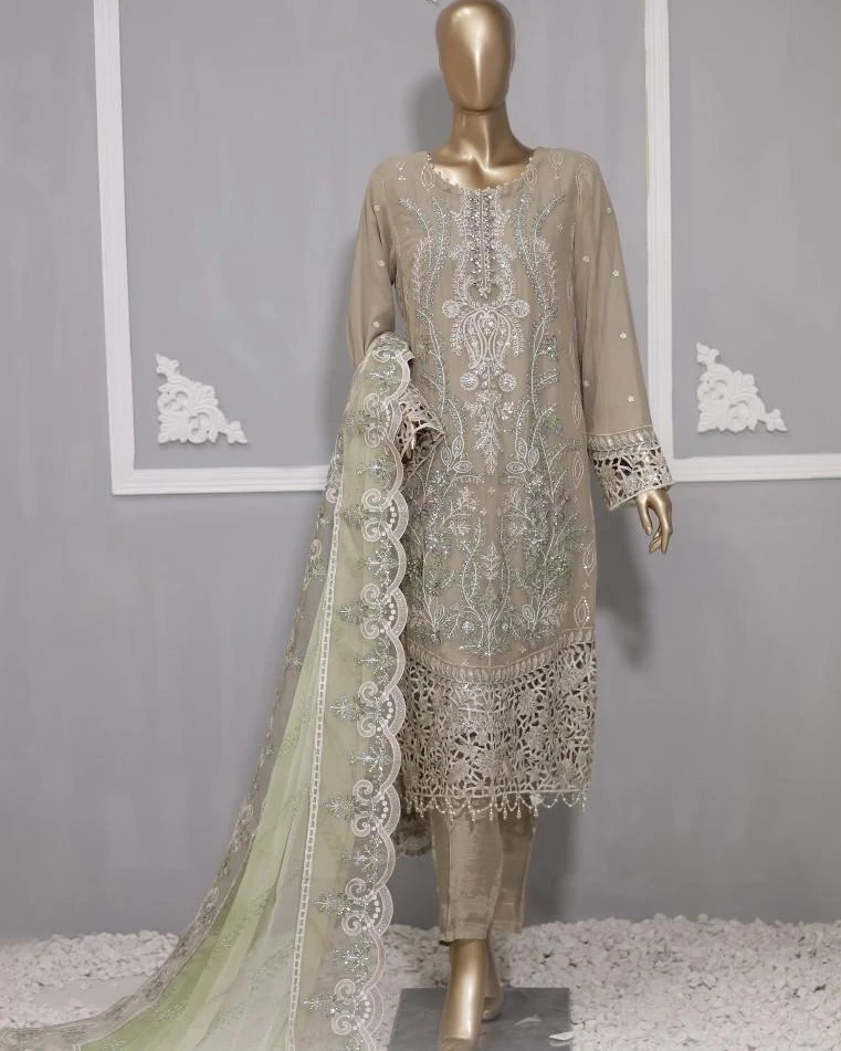 Pakistani Lavish Heavy Embroidered Unstitched Chiffon Three Piece - Sandrift