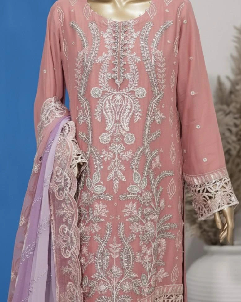 Pakistani Lavish Heavy Embroidered Unstitched Chiffon Three Piece - Lipstick Pink