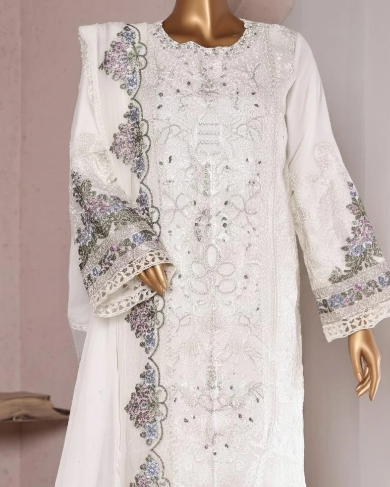 Pakistani Lavish Heavy Embroidered Unstitched Chiffon Three Piece - Platinum