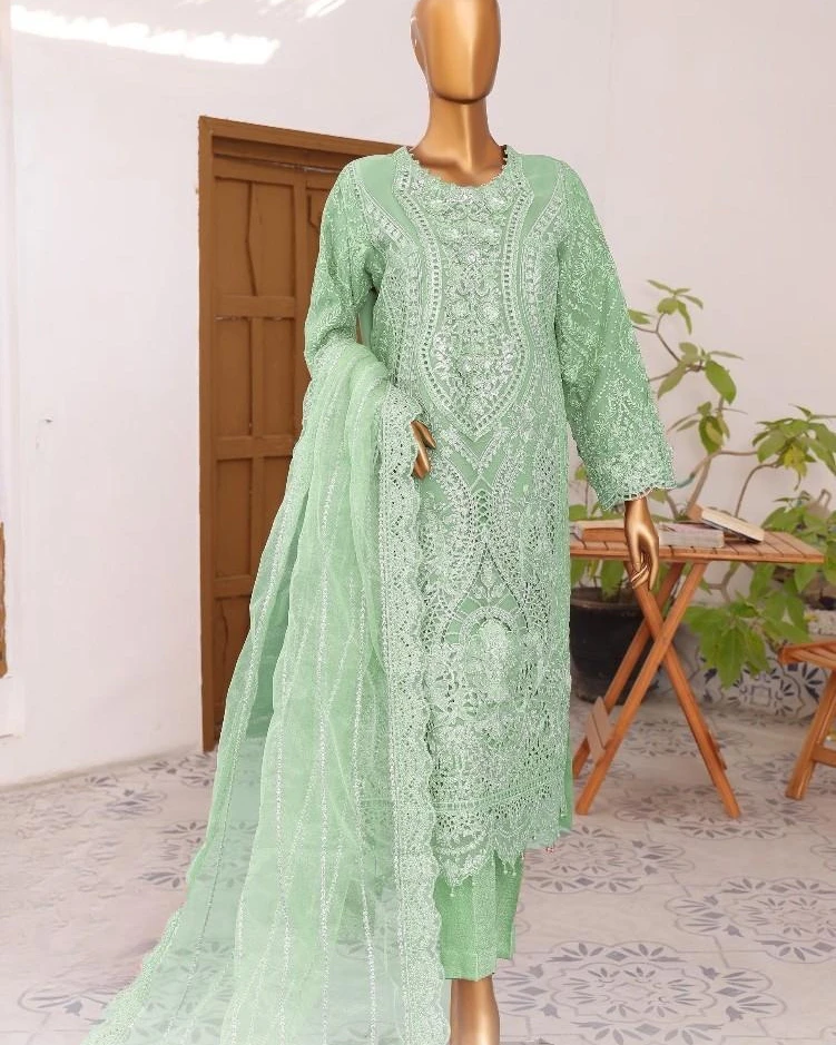 Pakistani Lavish Heavy Embroidered Unstitched Organza Three Piece - Coriander