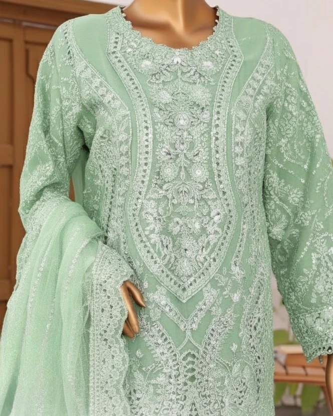 Pakistani Lavish Heavy Embroidered Unstitched Organza Three Piece - Coriander